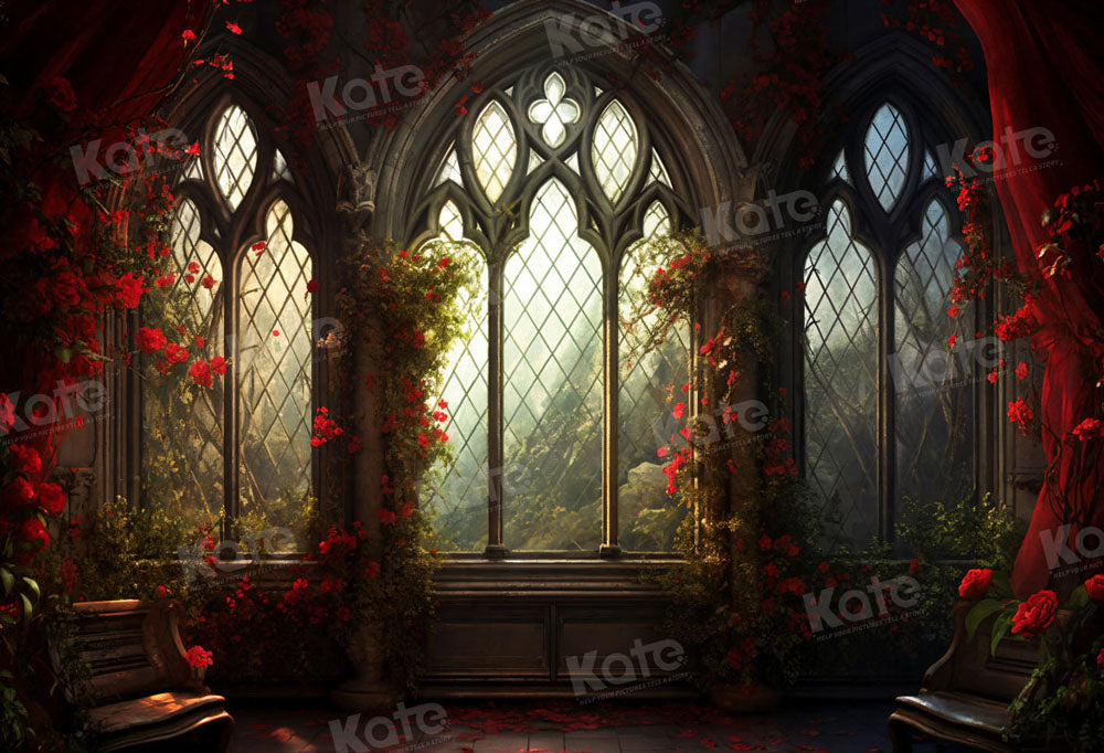 Kate Valentine's Day Red Rose Church Window Backdrop for Photography - Kate Backdrop AU