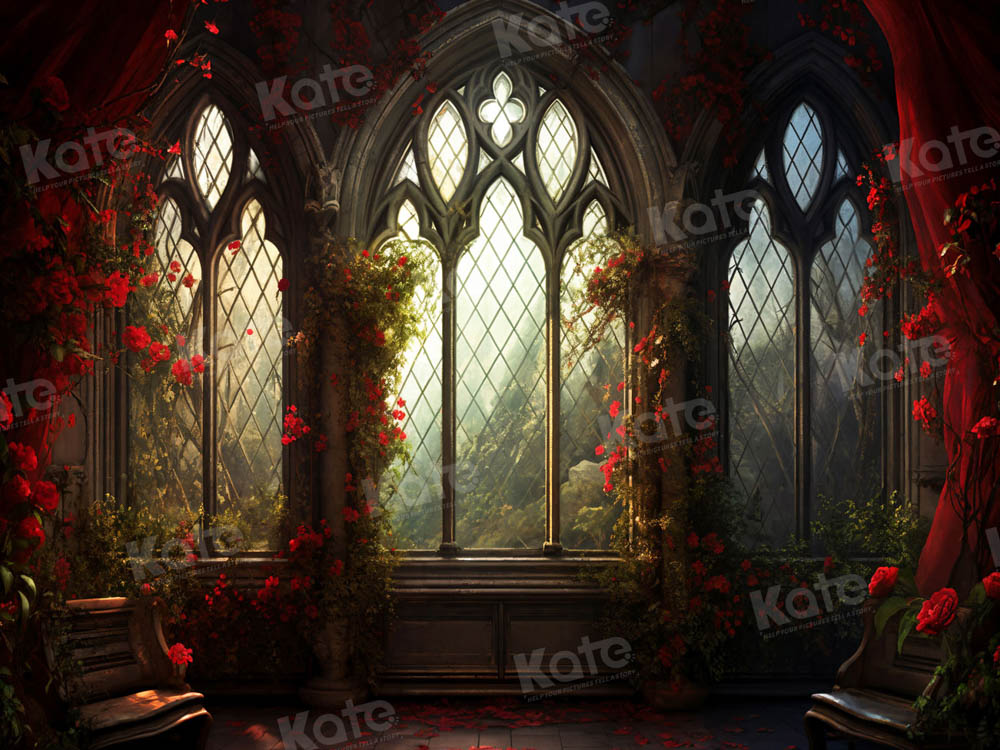 Kate Valentine's Day Red Rose Church Window Backdrop for Photography - Kate Backdrop AU