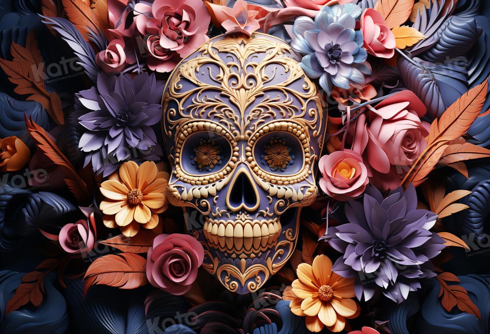 Kate Halloween Colorful Flower Skull Backdrop Designed by Chain Photography - Kate Backdrop AU