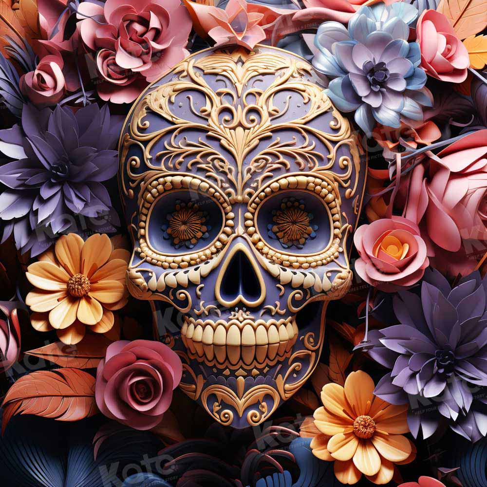 Kate Halloween Colorful Flower Skull Backdrop Designed by Chain Photography - Kate Backdrop AU