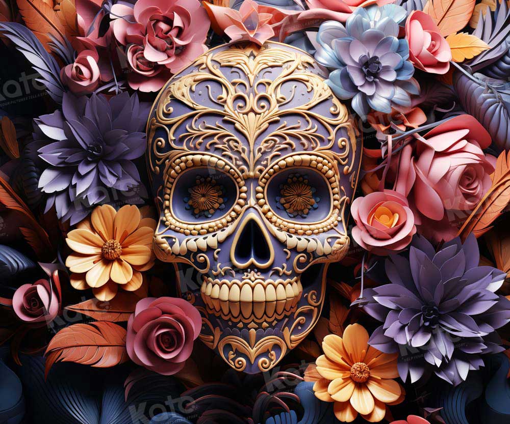 Kate Halloween Colorful Flower Skull Backdrop Designed by Chain Photography - Kate Backdrop AU