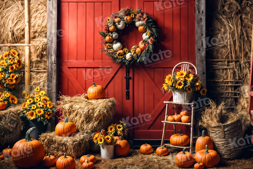Kate Autumn Backdrop Pumpkins Red Barn Door Sunflowers for Photography - Kate Backdrop AU