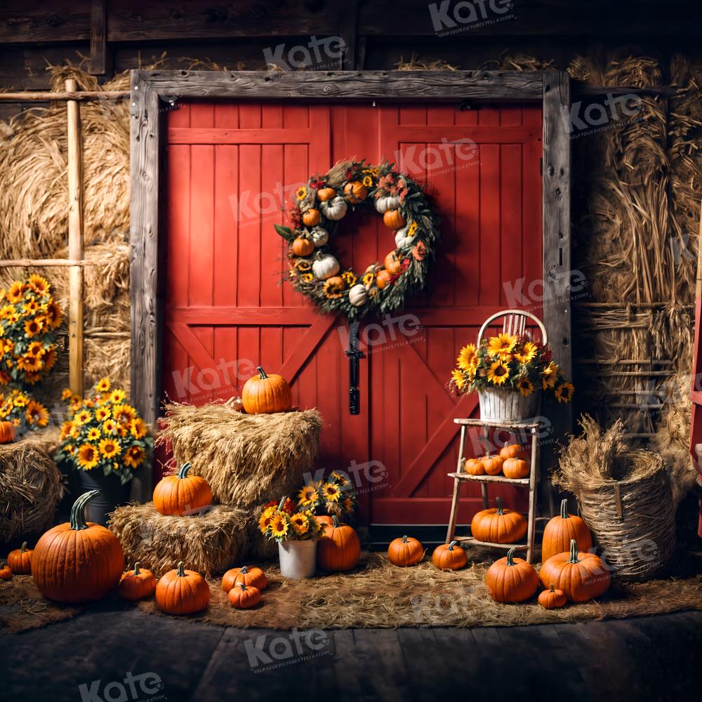 Kate Autumn Backdrop Pumpkins Red Barn Door Sunflowers for Photography - Kate Backdrop AU