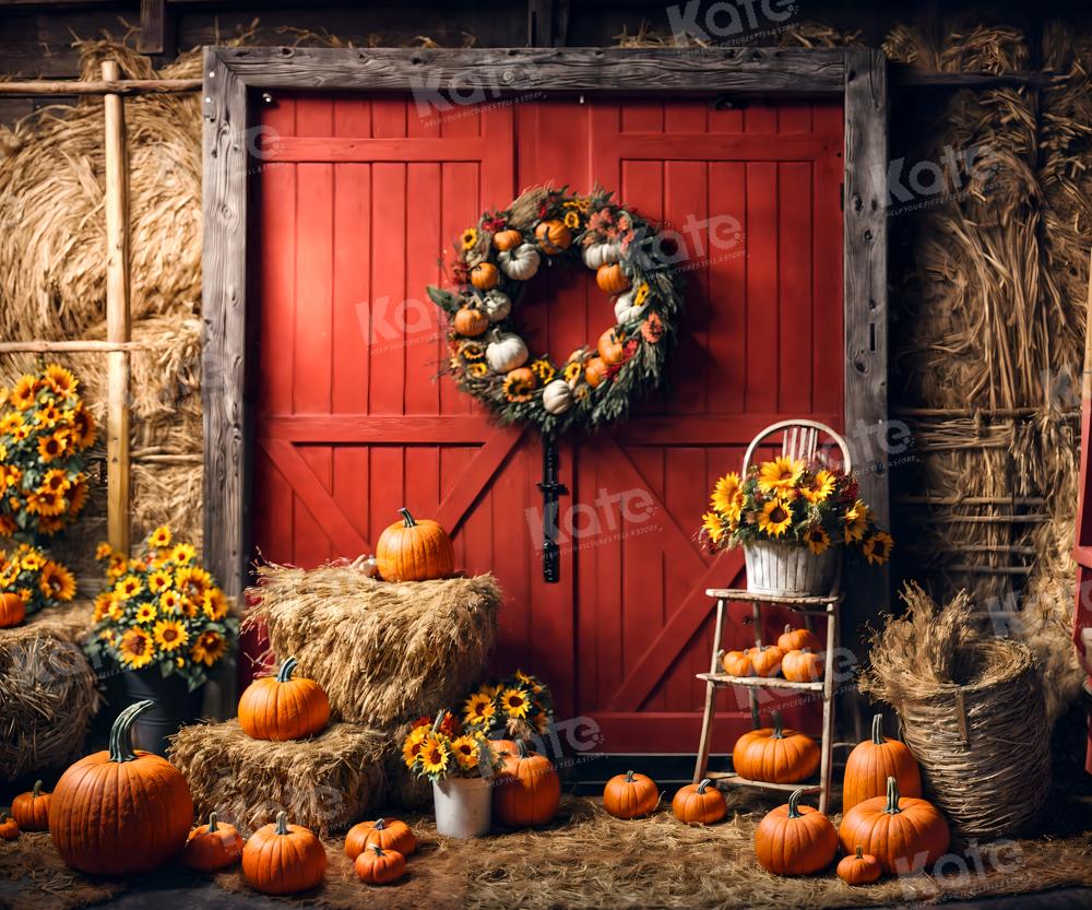 Kate Autumn Backdrop Pumpkins Red Barn Door Sunflowers for Photography - Kate Backdrop AU