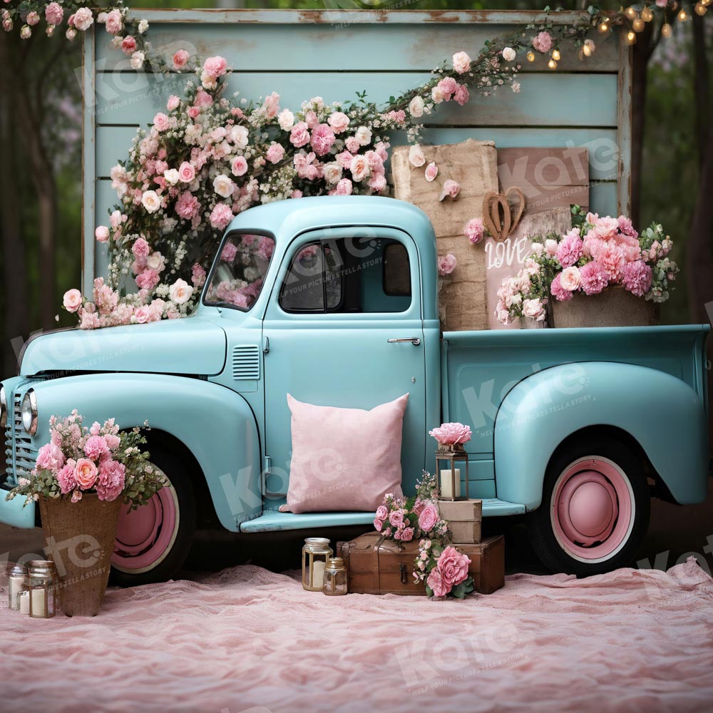 Kate Valentine's Day Pink Flowers Truck Backdrop Designed by Emetselch - Kate Backdrop AU
