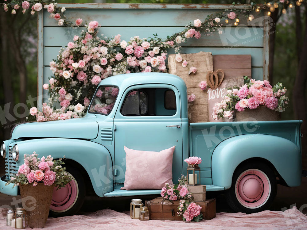 Kate Valentine's Day Pink Flowers Truck Backdrop Designed by Emetselch - Kate Backdrop AU
