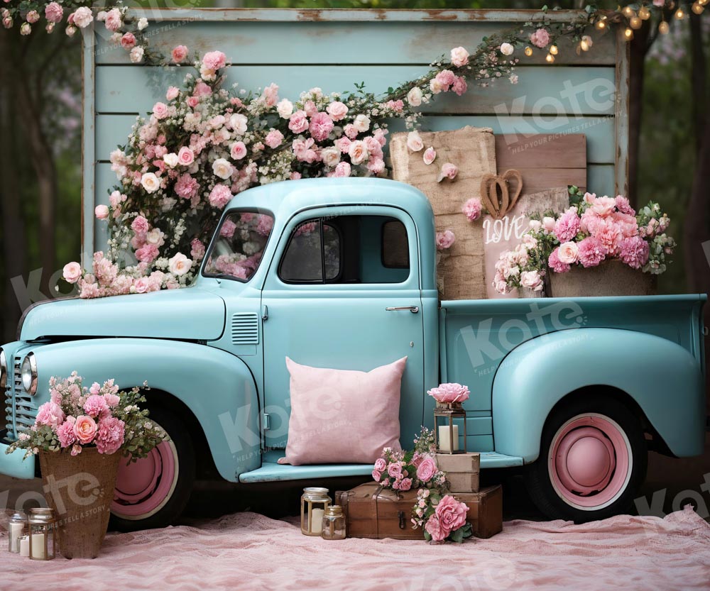 Kate Valentine's Day Pink Flowers Truck Backdrop Designed by Emetselch - Kate Backdrop AU