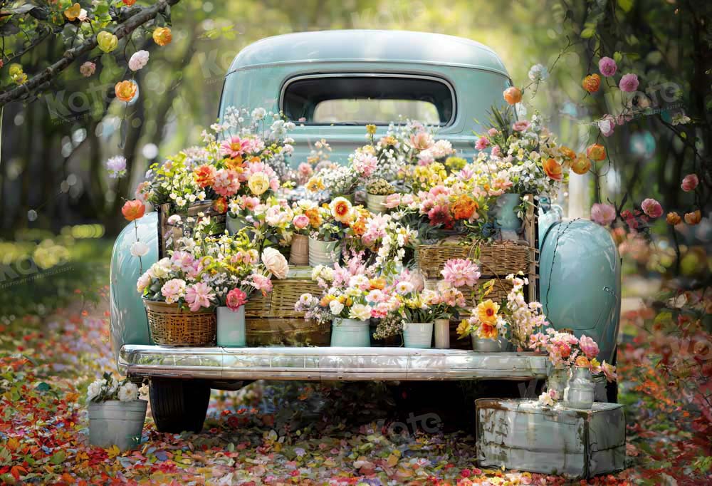 Kate Spring Green Forest Truck Flowers Backdrop Designed by Emetselch - Kate Backdrop AU