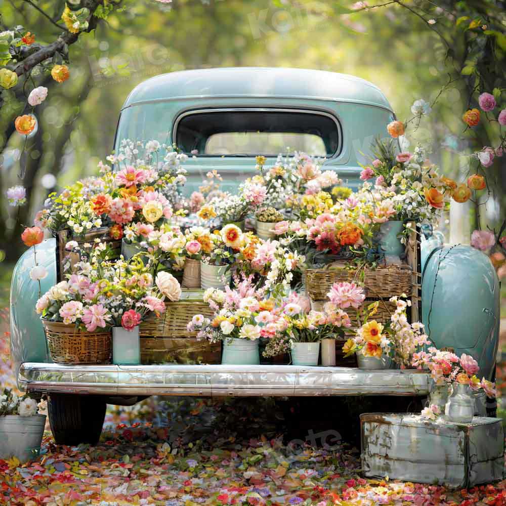 Kate Spring Green Forest Truck Flowers Backdrop Designed by Emetselch - Kate Backdrop AU
