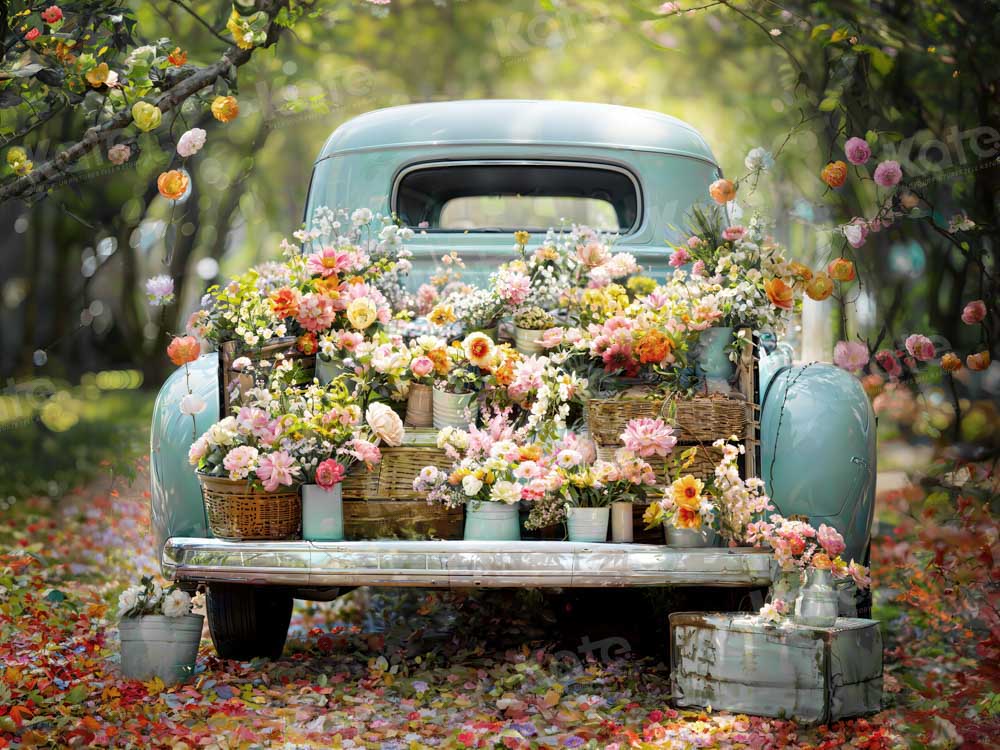 Kate Spring Green Forest Truck Flowers Backdrop Designed by Emetselch - Kate Backdrop AU