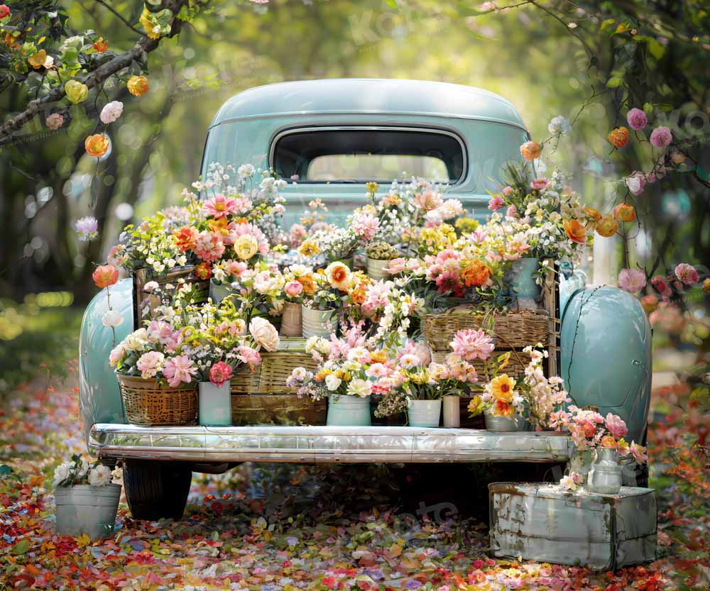 Kate Spring Green Forest Truck Flowers Backdrop Designed by Emetselch - Kate Backdrop AU