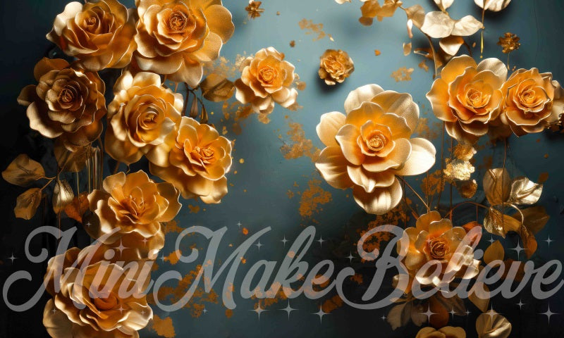 Kate Gold Flowers Blue Fine Art Wall Backdrop Designed by Mini MakeBelieve