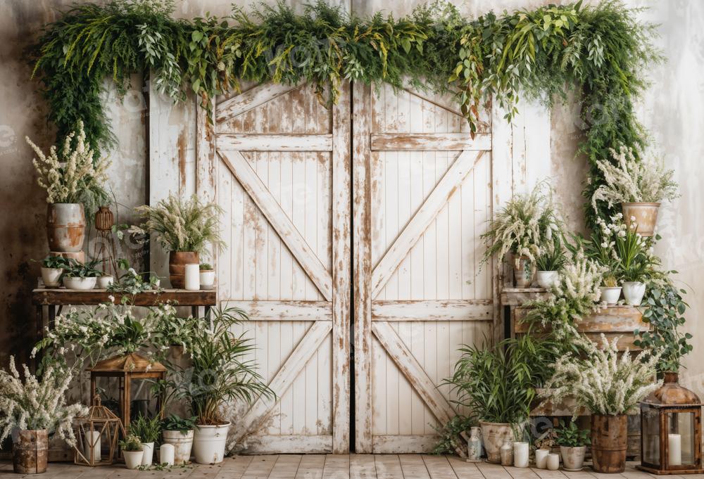 Kate Spring Backdrop White Wooden Door Green Plants Designed by Emetselch - Kate Backdrop AU