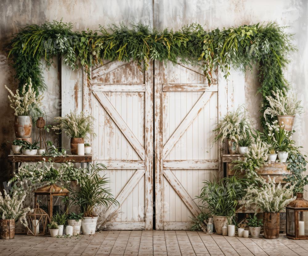 Kate Spring Backdrop White Wooden Door Green Plants Designed by Emetselch - Kate Backdrop AU