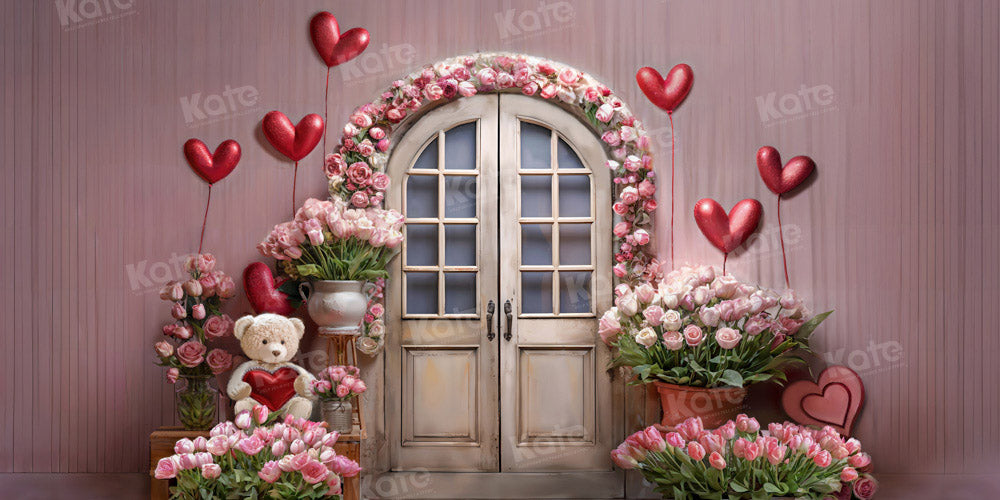 Kate Pink Valentine's Day Flowers Balloon Bear Backdrop Designed by Chain Photography - Kate Backdrop AU