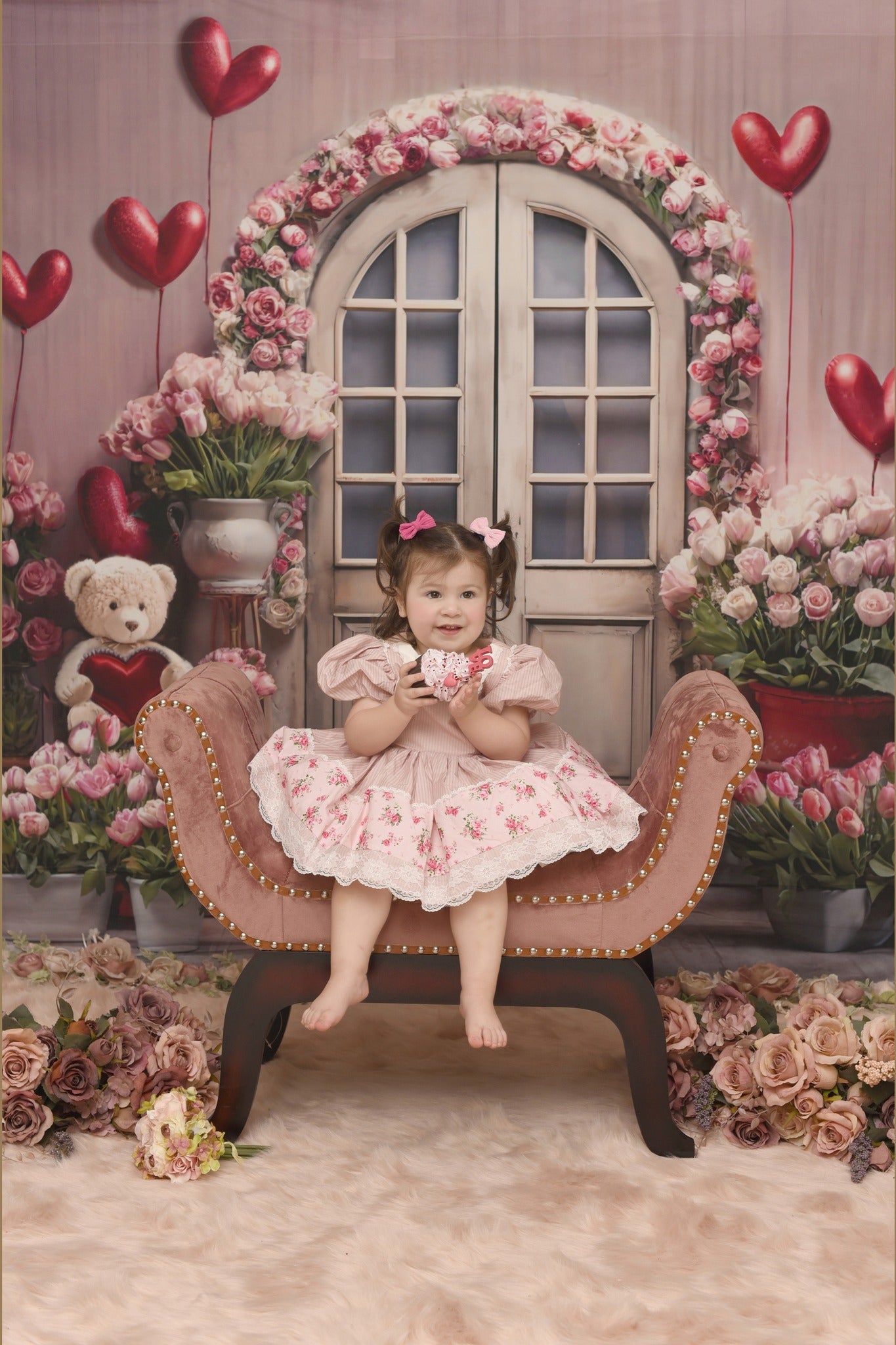 Kate Pink Valentine's Day Flowers Balloon Bear Backdrop Designed by Chain Photography - Kate Backdrop AU