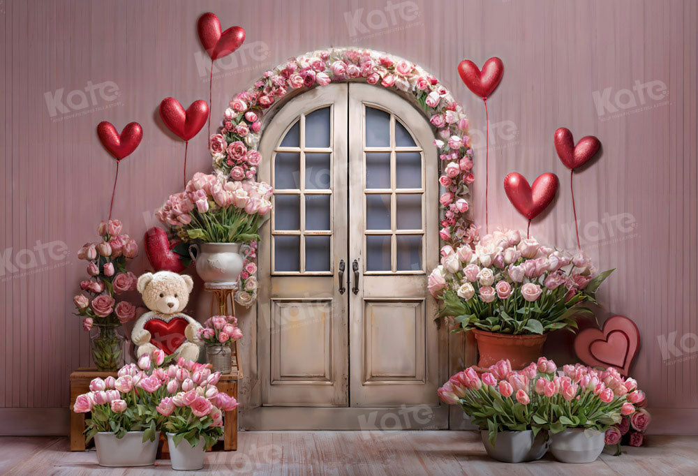 Kate Pink Valentine's Day Flowers Balloon Bear Backdrop Designed by Chain Photography - Kate Backdrop AU