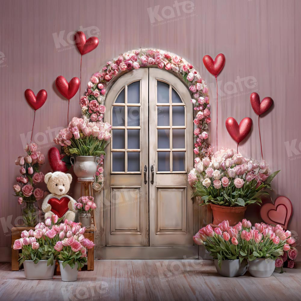 Kate Pink Valentine's Day Flowers Balloon Bear Backdrop Designed by Chain Photography - Kate Backdrop AU