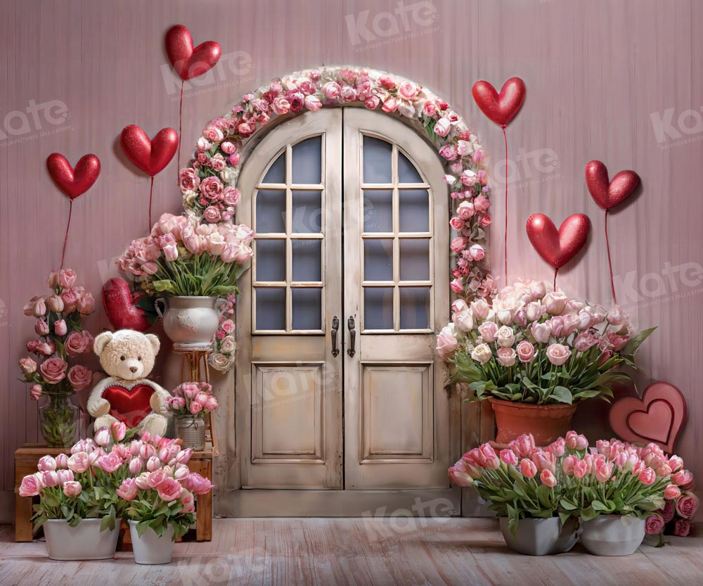 Kate Pink Valentine's Day Flowers Balloon Bear Backdrop Designed by Chain Photography - Kate Backdrop AU