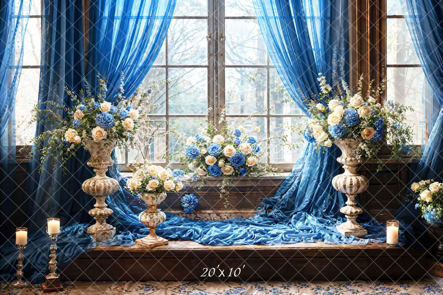 Kate Blue Flowers Candles Window Room Backdrop Designed by Emetselch - Kate Backdrop AU