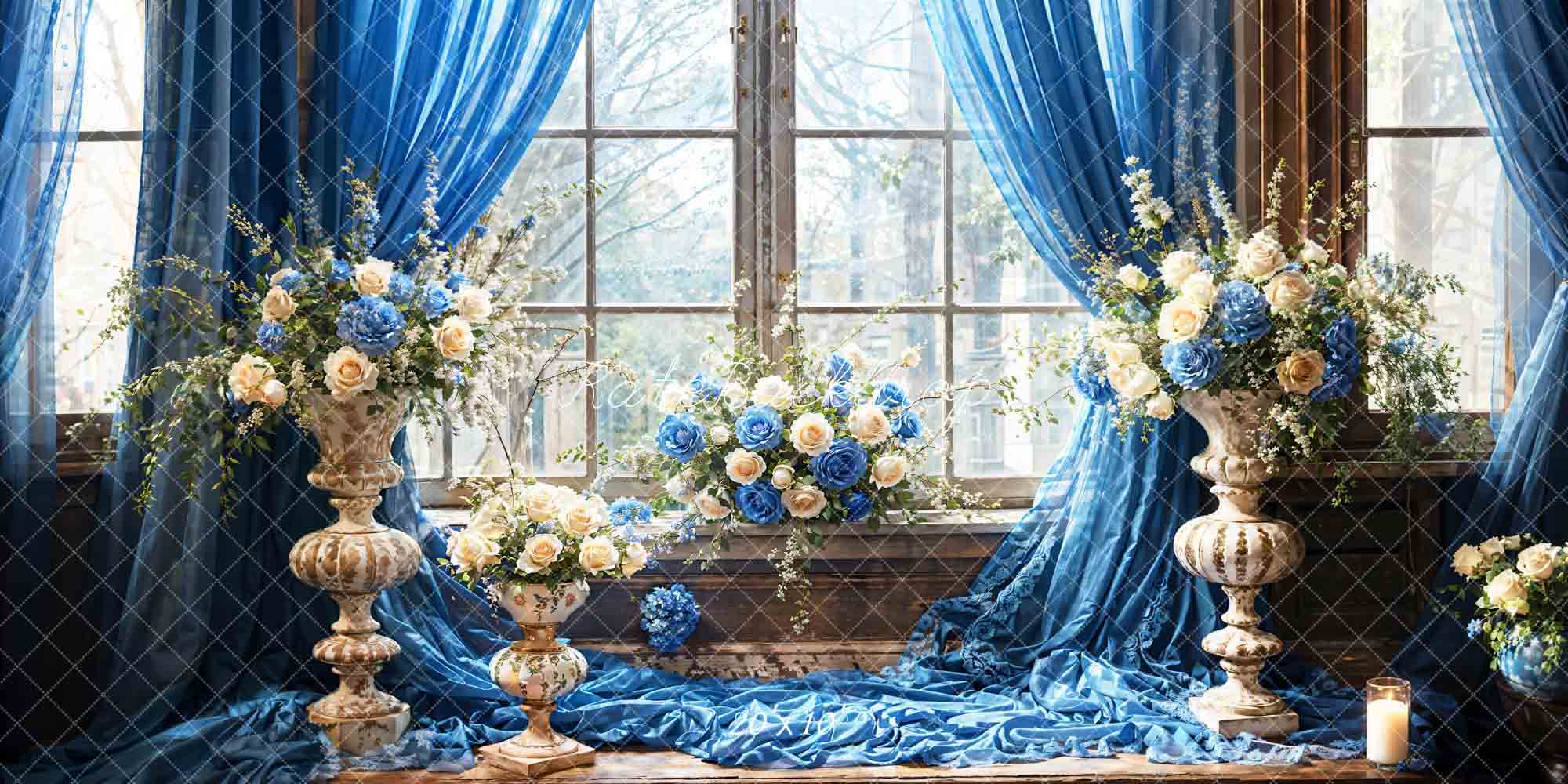 Kate Blue Flowers Candles Window Room Backdrop Designed by Emetselch - Kate Backdrop AU