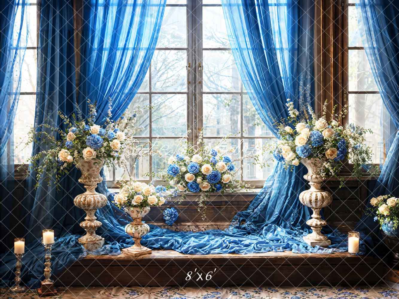 Kate Blue Flowers Candles Window Room Backdrop Designed by Emetselch - Kate Backdrop AU