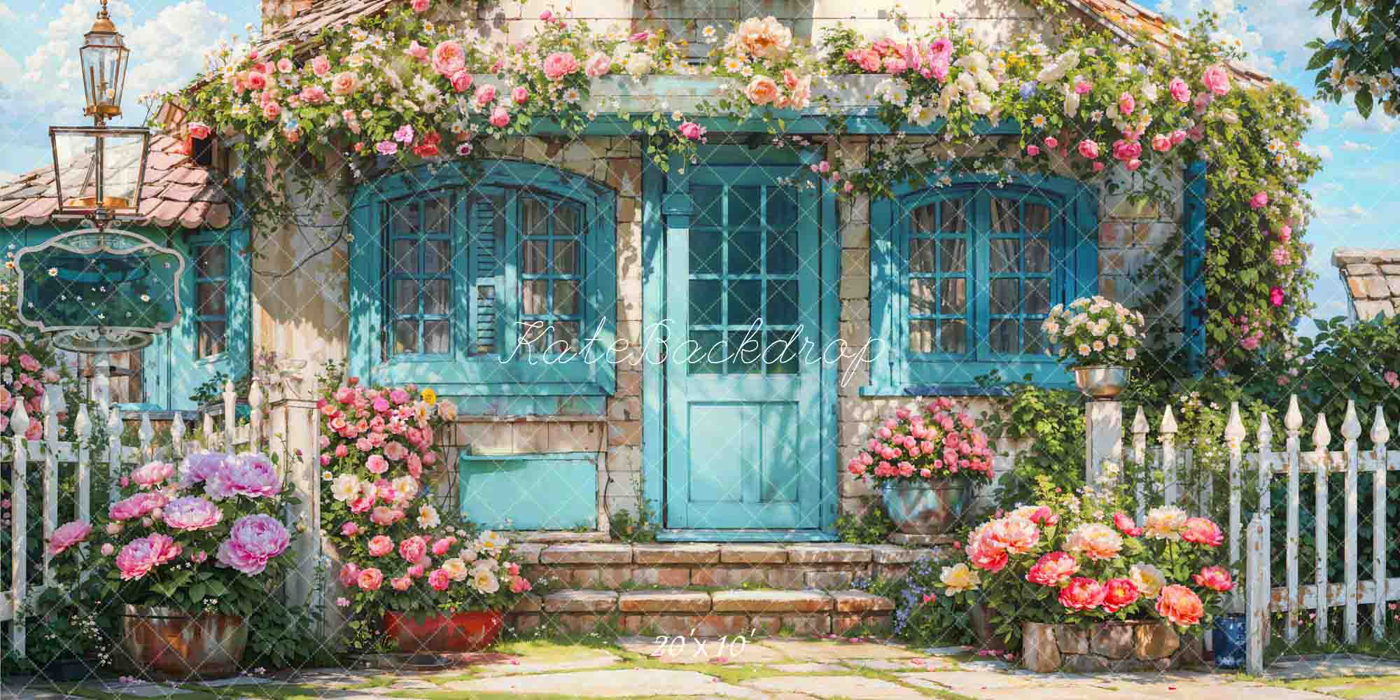 Kate Spring Flowers Fence Blue House Backdrop Designed by Emetselch - Kate Backdrop AU