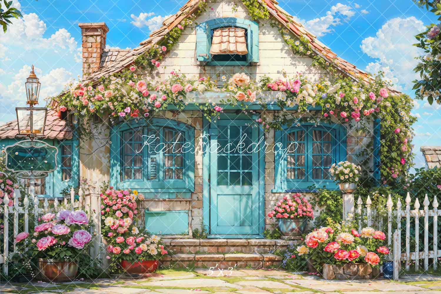 Kate Spring Flowers Fence Blue House Backdrop Designed by Emetselch - Kate Backdrop AU