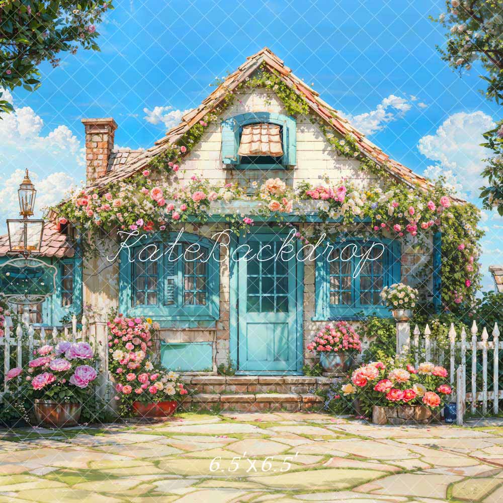 Kate Spring Flowers Fence Blue House Backdrop Designed by Emetselch - Kate Backdrop AU