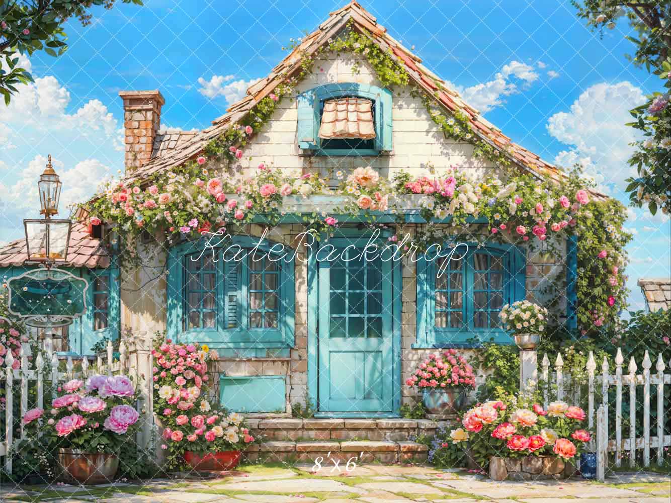 Kate Spring Flowers Fence Blue House Backdrop Designed by Emetselch - Kate Backdrop AU