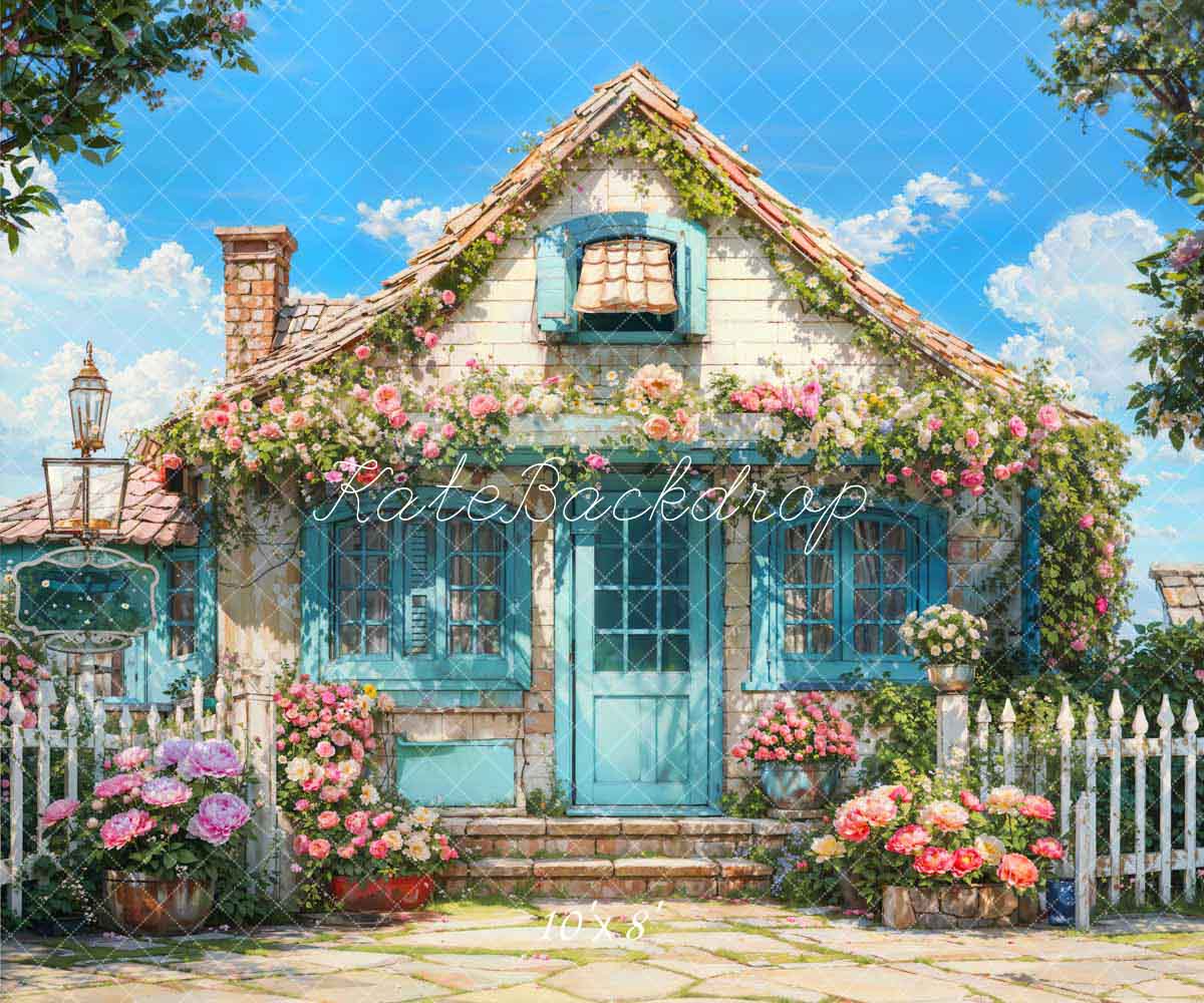 Kate Spring Flowers Fence Blue House Backdrop Designed by Emetselch - Kate Backdrop AU