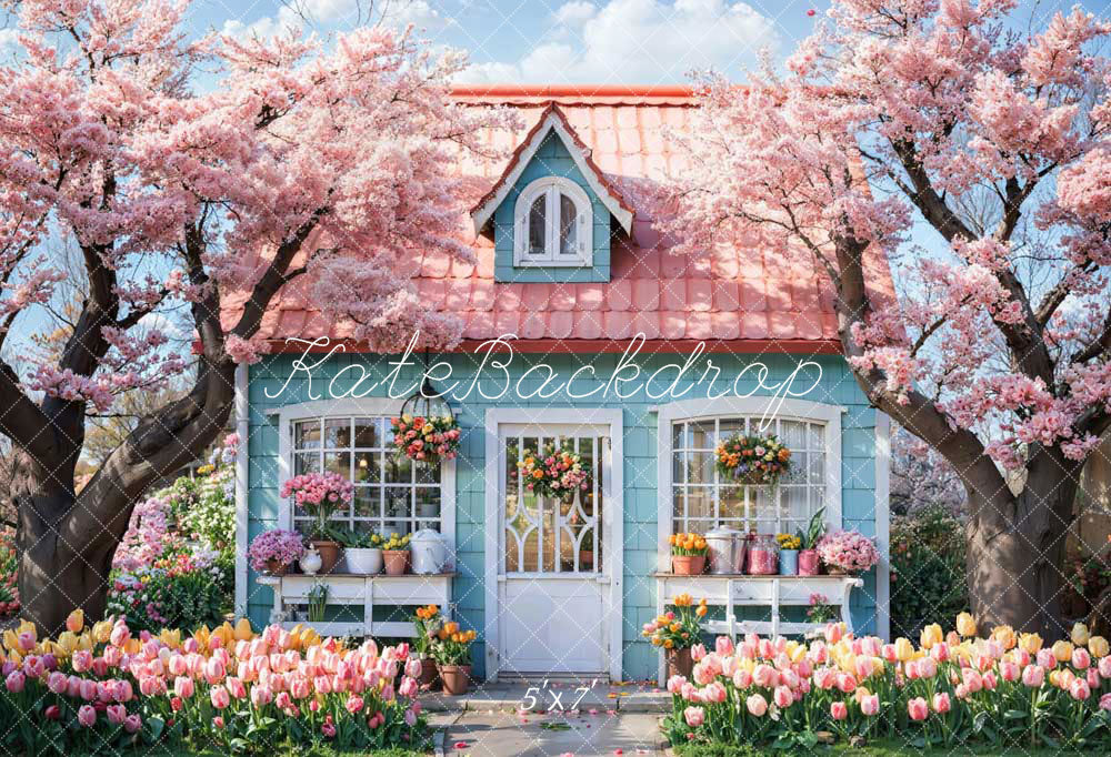 Kate Spring Pink Flowers Tree House Backdrop Designed by Emetselch - Kate Backdrop AU