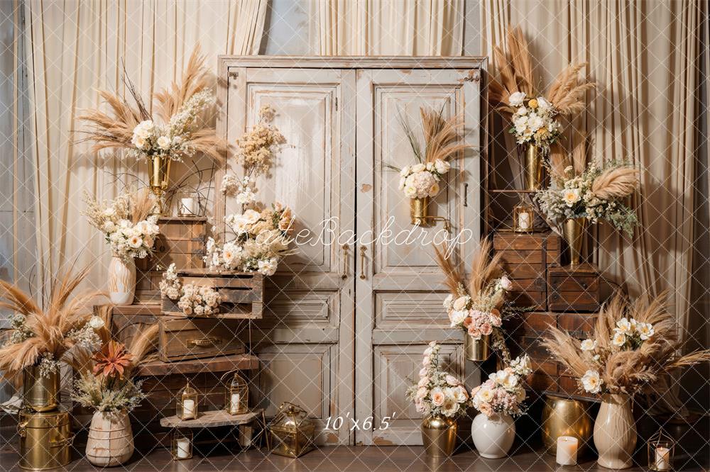 Kate Boho Flowers Reed Wood Cabinet Room Backdrop Designed by Emetselch - Kate Backdrop AU