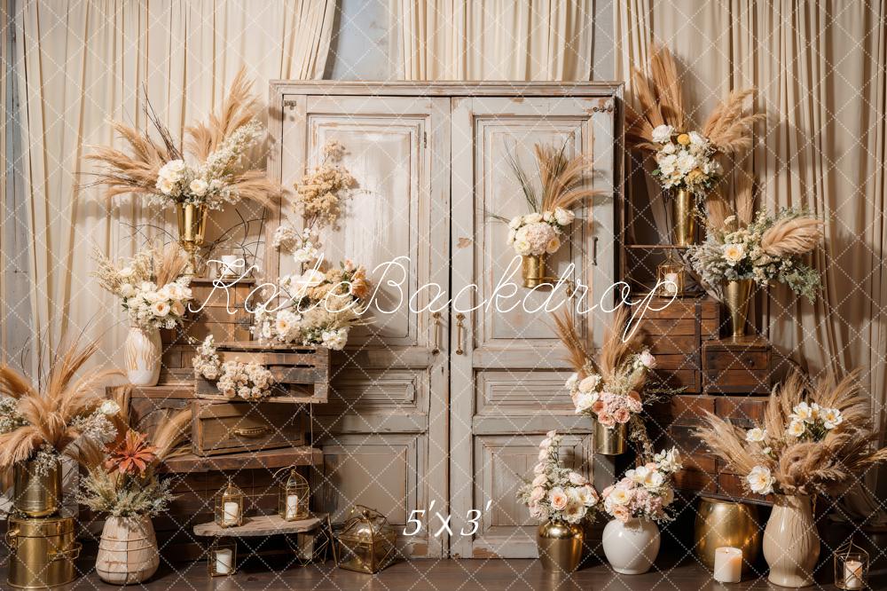 Kate Boho Flowers Reed Wood Cabinet Room Backdrop Designed by Emetselch - Kate Backdrop AU