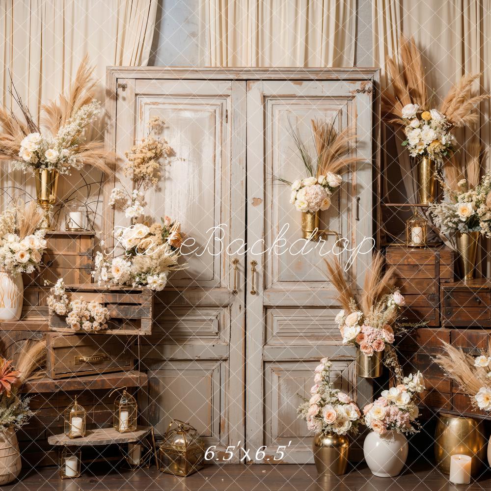 Kate Boho Flowers Reed Wood Cabinet Room Backdrop Designed by Emetselch - Kate Backdrop AU