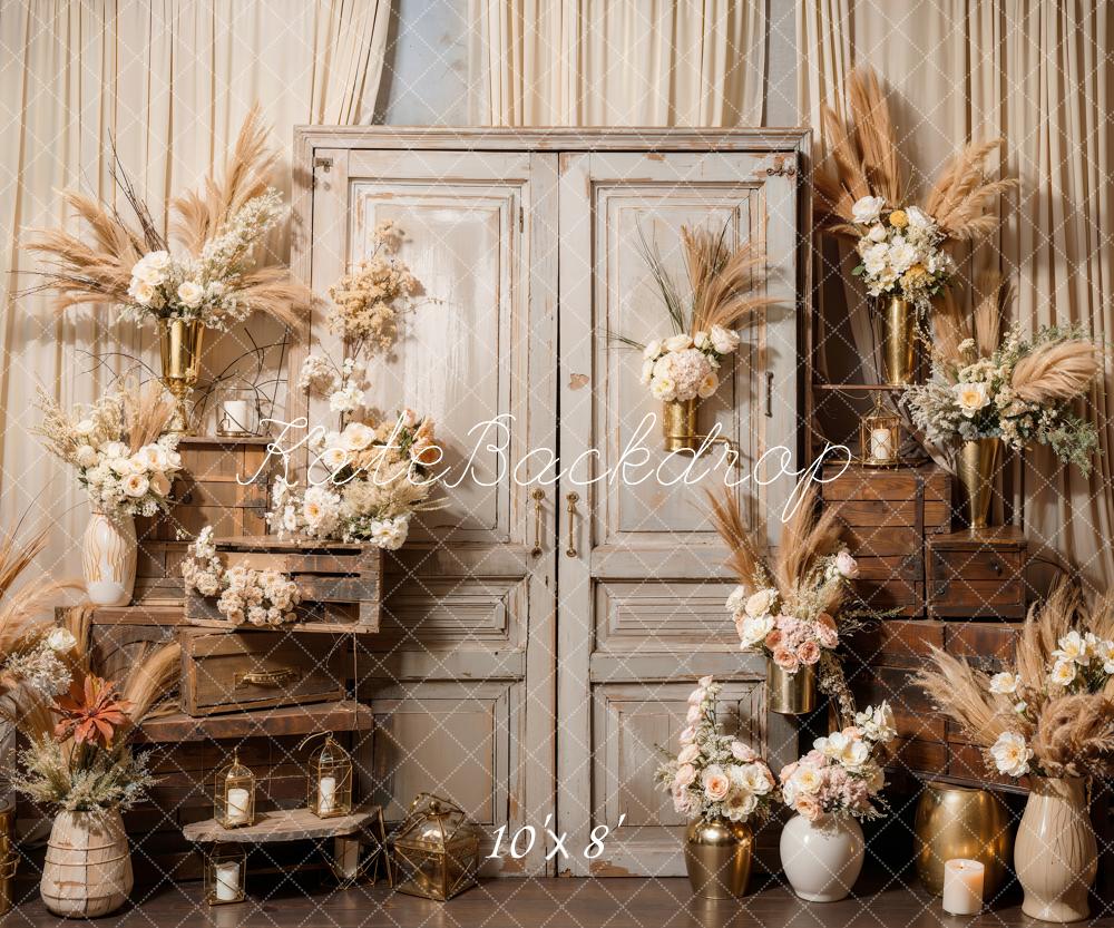 Kate Boho Flowers Reed Wood Cabinet Room Backdrop Designed by Emetselch - Kate Backdrop AU