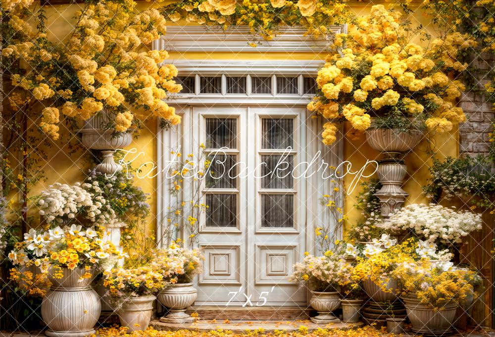 Kate Yellow Flowers Spring Wooden Door Backdrop Designed by Emetselch - Kate Backdrop AU