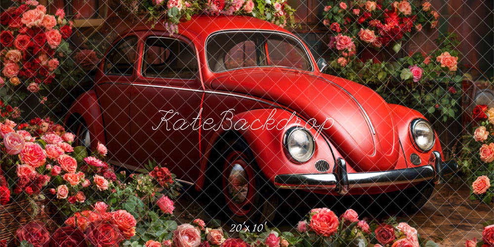 Kate Valentine Red Car Flowers Backdrop Designed by Emetselch - Kate Backdrop AU