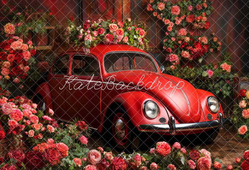 Kate Valentine Red Car Flowers Backdrop Designed by Emetselch - Kate Backdrop AU