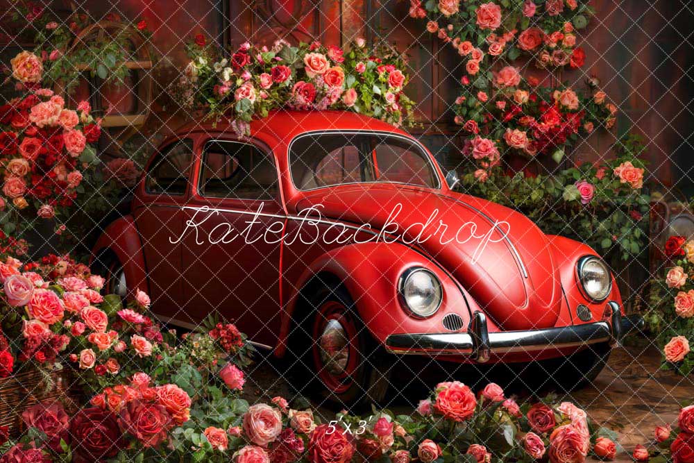 Kate Valentine Red Car Flowers Backdrop Designed by Emetselch - Kate Backdrop AU