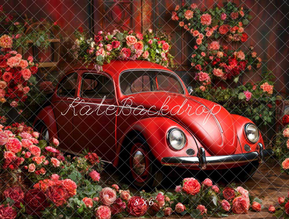 Kate Valentine Red Car Flowers Backdrop Designed by Emetselch - Kate Backdrop AU