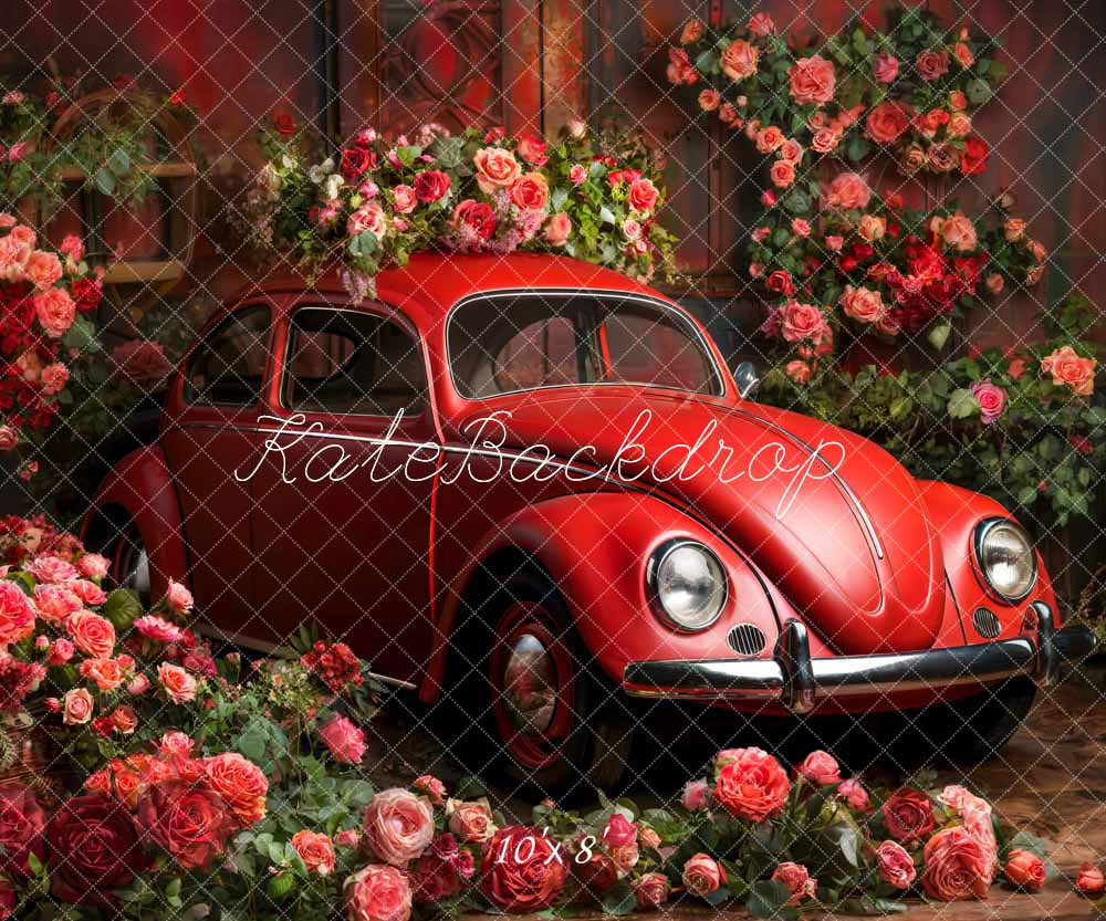 Kate Valentine Red Car Flowers Backdrop Designed by Emetselch - Kate Backdrop AU