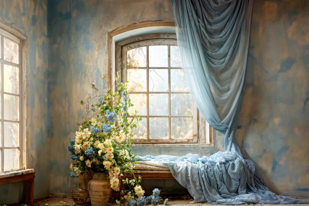 Kate Spring Blue Curtains Flowers Windows Room Backdrop Designed by Emetselch - Kate Backdrop AU