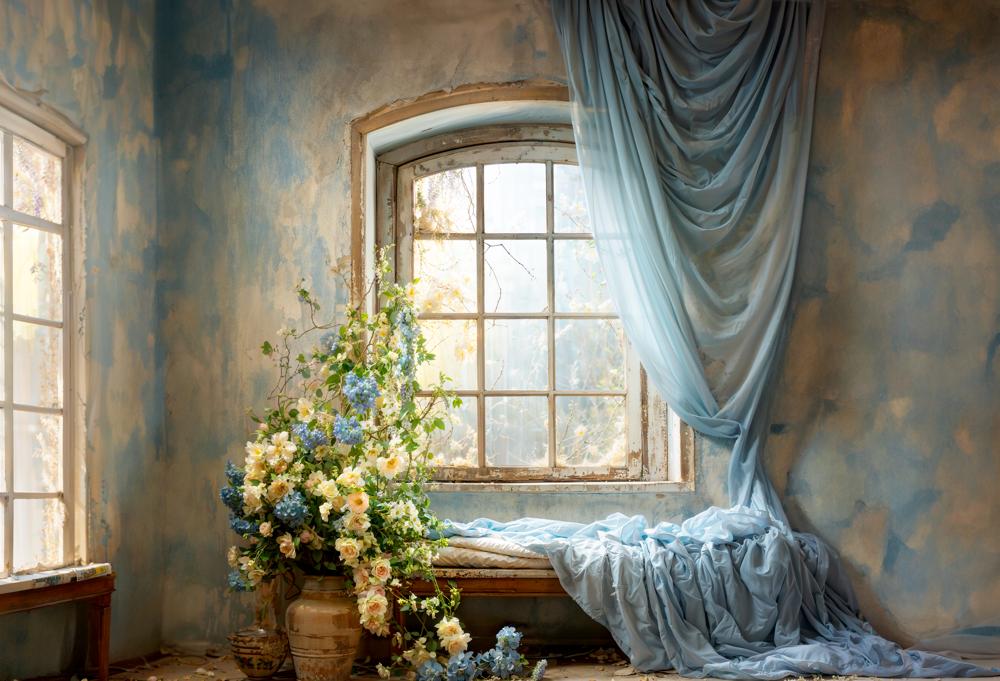 Kate Spring Blue Curtains Flowers Windows Room Backdrop Designed by Emetselch - Kate Backdrop AU