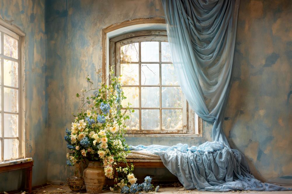 Kate Spring Blue Curtains Flowers Windows Room Backdrop Designed by Emetselch - Kate Backdrop AU