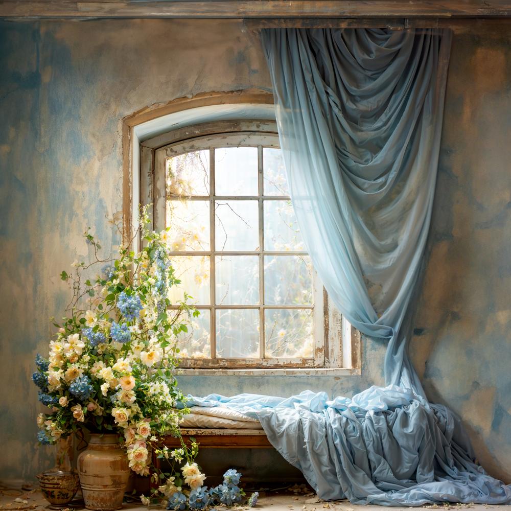 Kate Spring Blue Curtains Flowers Windows Room Backdrop Designed by Emetselch - Kate Backdrop AU