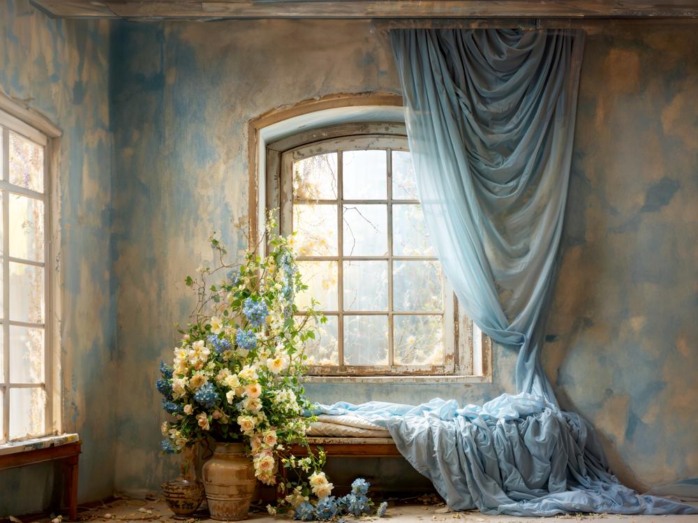Kate Spring Blue Curtains Flowers Windows Room Backdrop Designed by Emetselch - Kate Backdrop AU