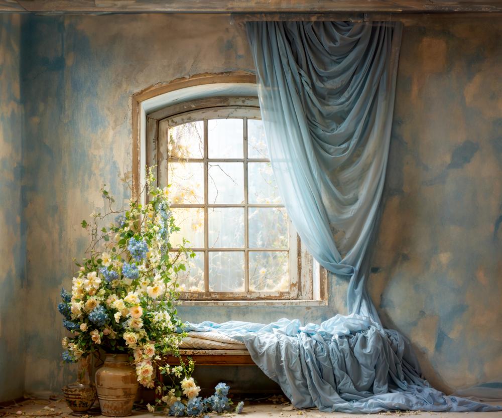 Kate Spring Blue Curtains Flowers Windows Room Backdrop Designed by Emetselch - Kate Backdrop AU