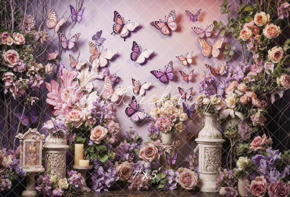 Kate Spring Pink Purple Flowers Butterfly Wall Backdrop Designed by Emetselch - Kate Backdrop AU