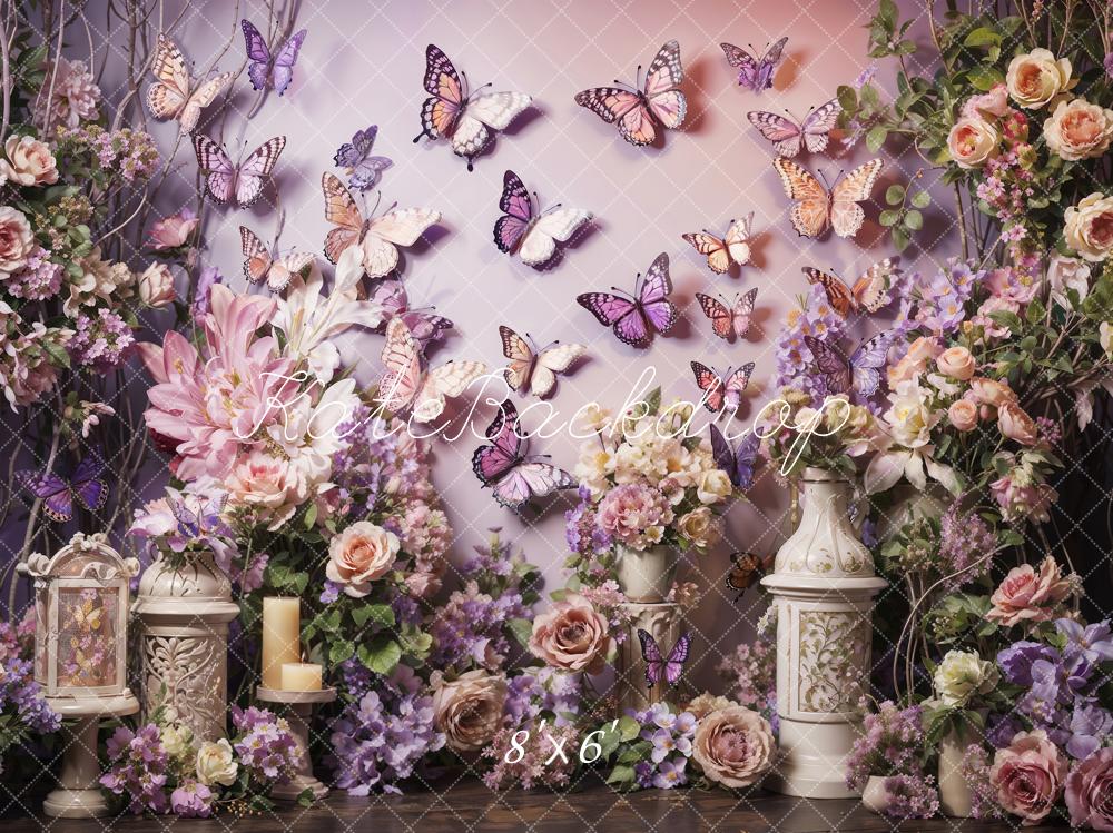 Kate Spring Pink Purple Flowers Butterfly Wall Backdrop Designed by Emetselch - Kate Backdrop AU